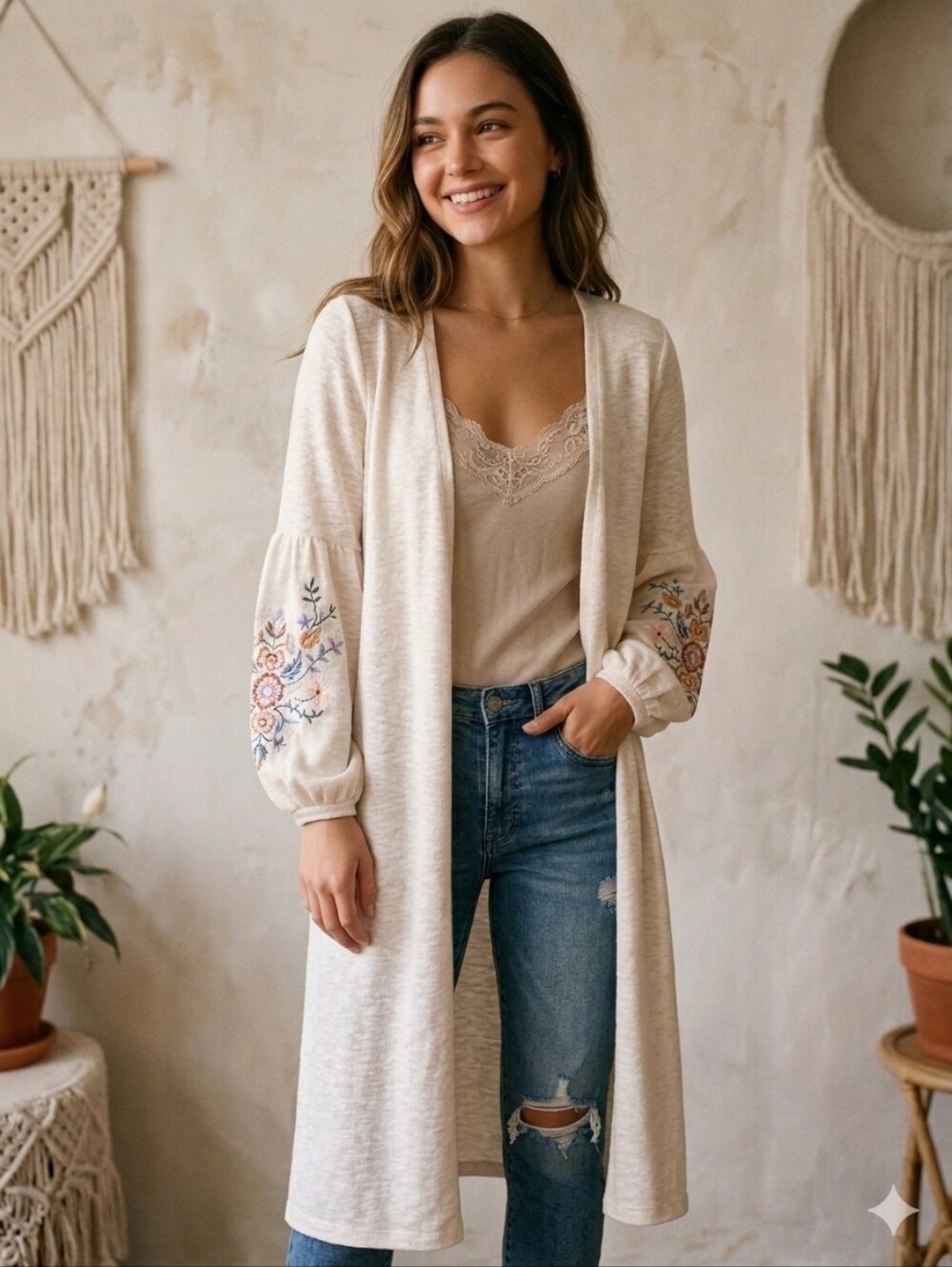 Art class Boho Embroidered Open long Cardigan Cream Puff Sleeves cardigan Large